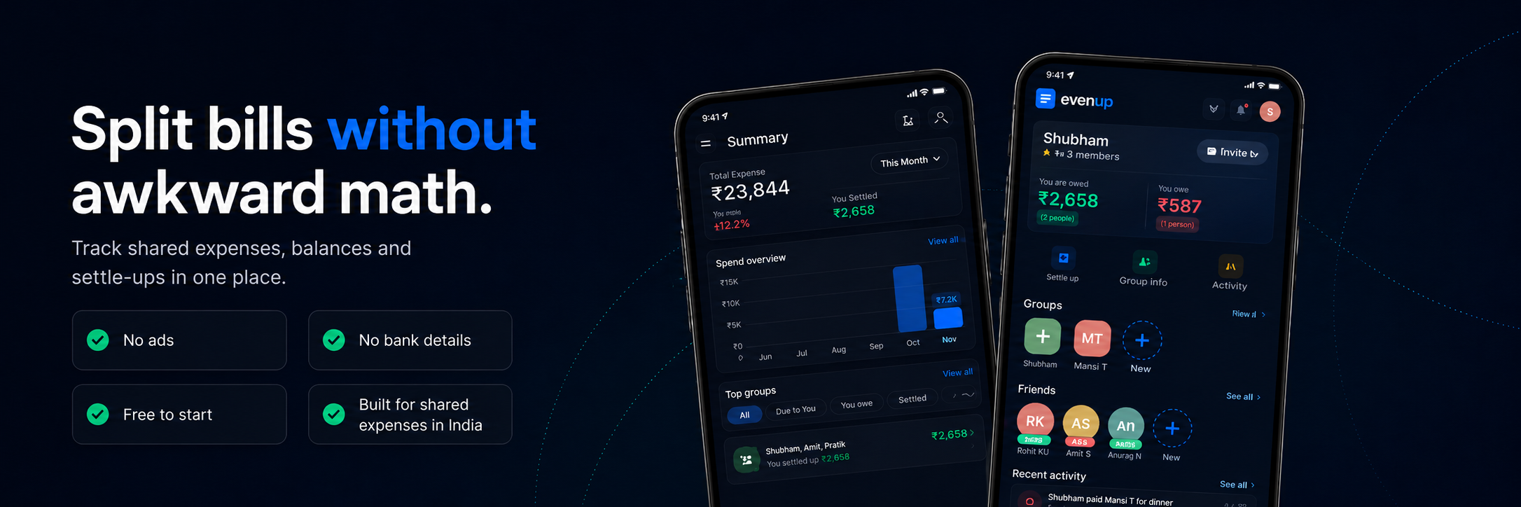 EvenUp app preview showing bill splitting, balances, groups, and friends