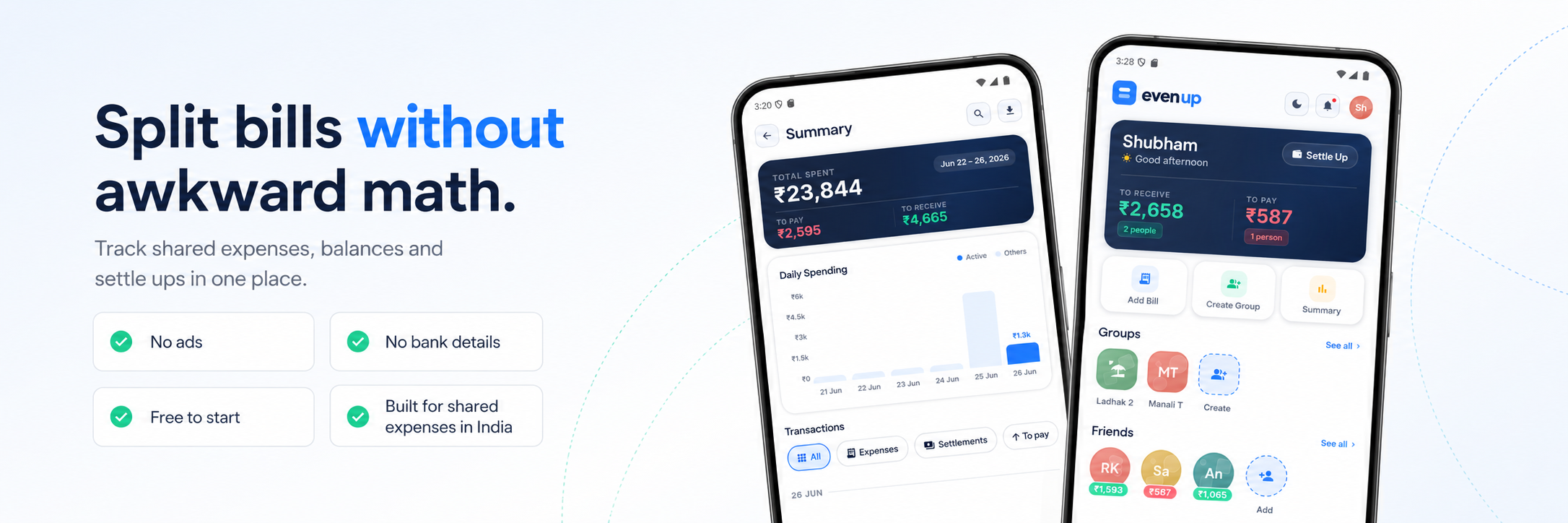 EvenUp app preview showing bill splitting, balances, groups, and friends